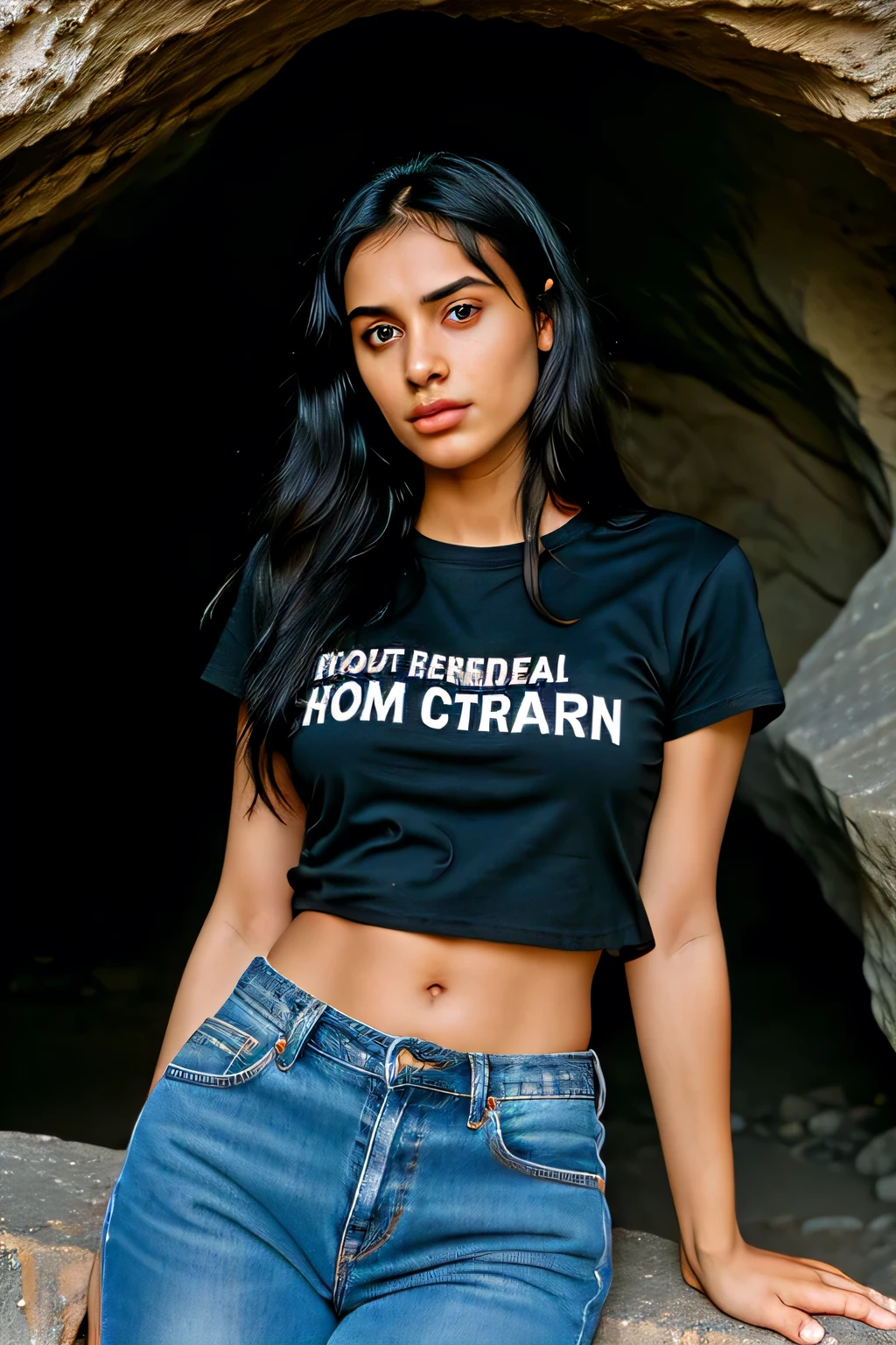 photograph of a woman, (troubled facial expression), textured skin, goosebumps, black hair, tshirt and  jeans, dark and mysterious cave with unique rock formations and hidden wonders, perfect eyes,indian , age 25 with perfect body (candlelight,chiaroscuro), Porta 160 color, shot on ARRI ALEXA 65, bokeh, sharp focus on subject, shot by Don McCullin