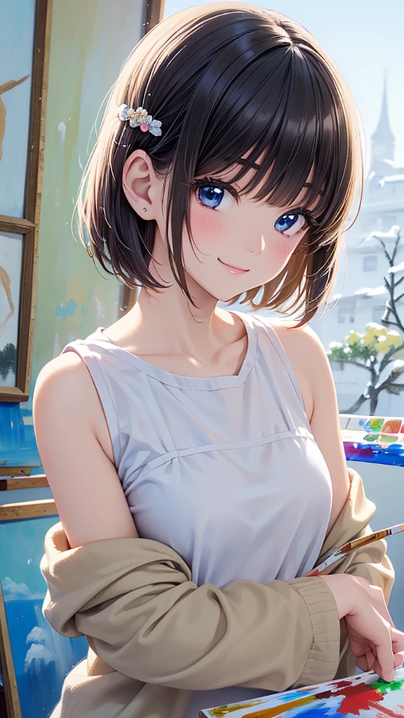 young woman、smile、Short Hair、hair band、Blushing、masterpiece、High resolution、16k、Winter 、(Very close:1.5)、School classroom、(Painting of the upper body:1.5)