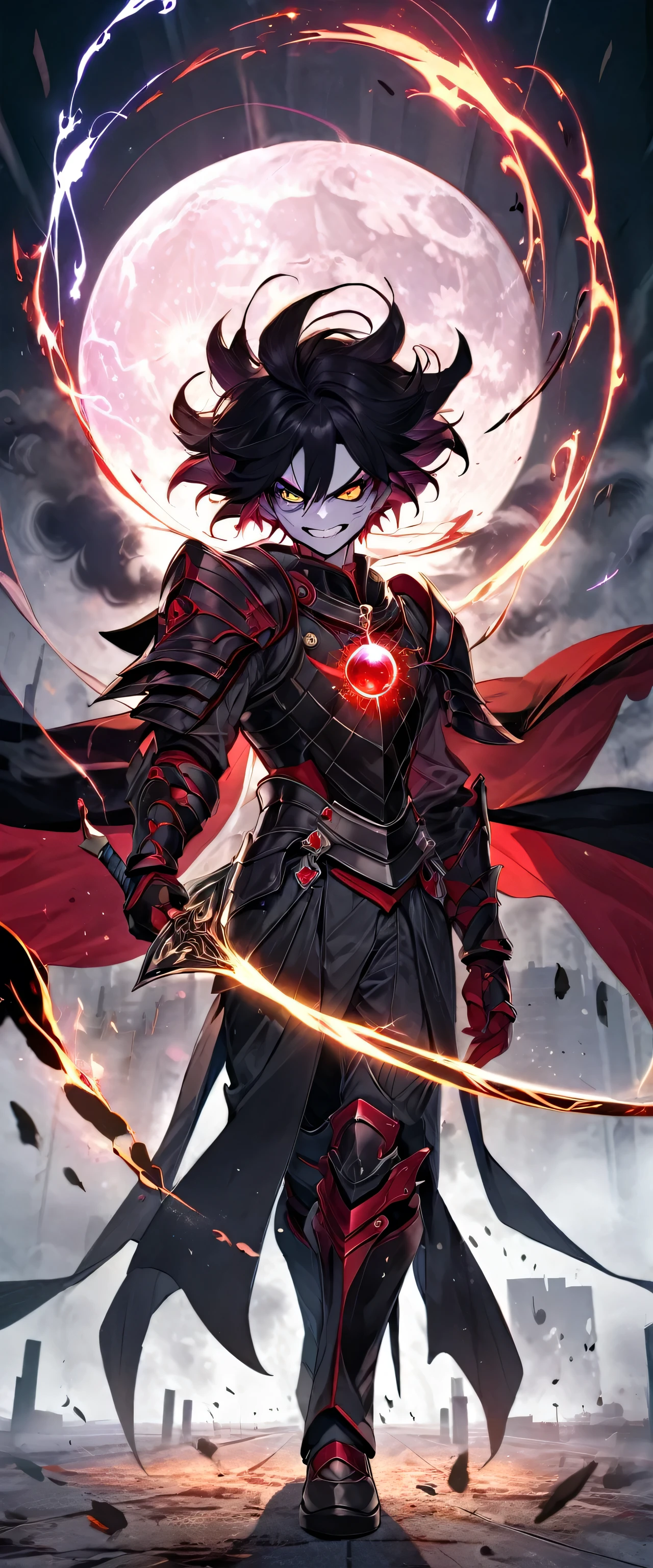 best quality, super fine, 16k, incredibly absurdres, extremely detailed, 2.5D, delicate and dynamic, ruthless, cool and strong male warrior, shining iridescent clairvoyance, magice user character, captivating look, aroused expression, evil smile, teasing smile, grin, lewd smile, heavy armor, ominous aura swirls effects, background skyscraper being split in two by a lightning strike, big red full moon, exposed steel beams, armor on hands and legs, flying glass, demonic shadows, sparks, smoke, fog, eerie atmospheric colors, slow-motion effects, dark fantasy