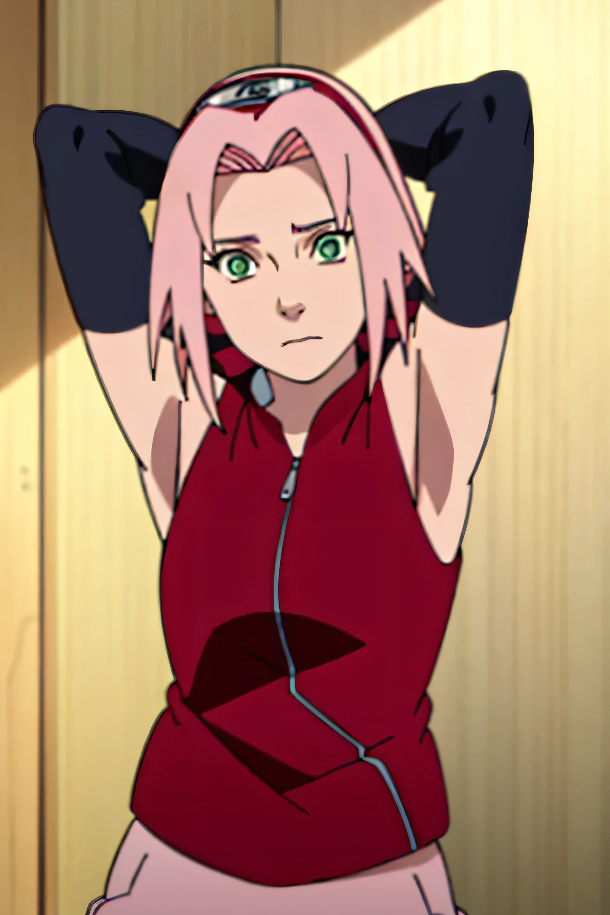 sakura haruno, sleeveless, red jacket, forehead protector, konohagakure symbol, arms behind head, armpits, showing armpits, posing, green eyes, perfect proportions, sakura shippuden