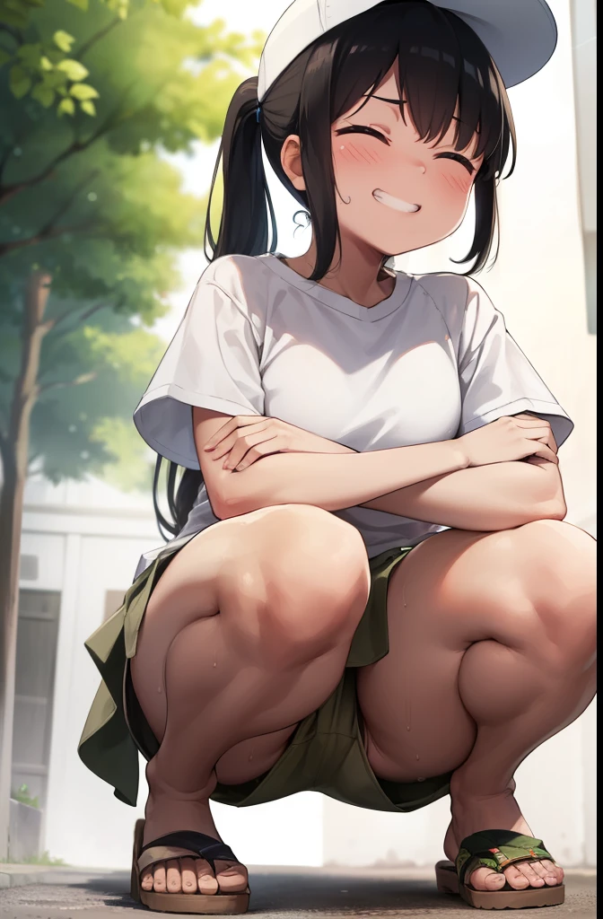 Residential Street,smile,Squat,Eyes closed,1 ,ponytail,Black Hair,blush,White T-shirt,Olive green shorts,Brown Sandals,White skin,summer,White Hat,From below,Open your hands,shy,Sweat,Grin,