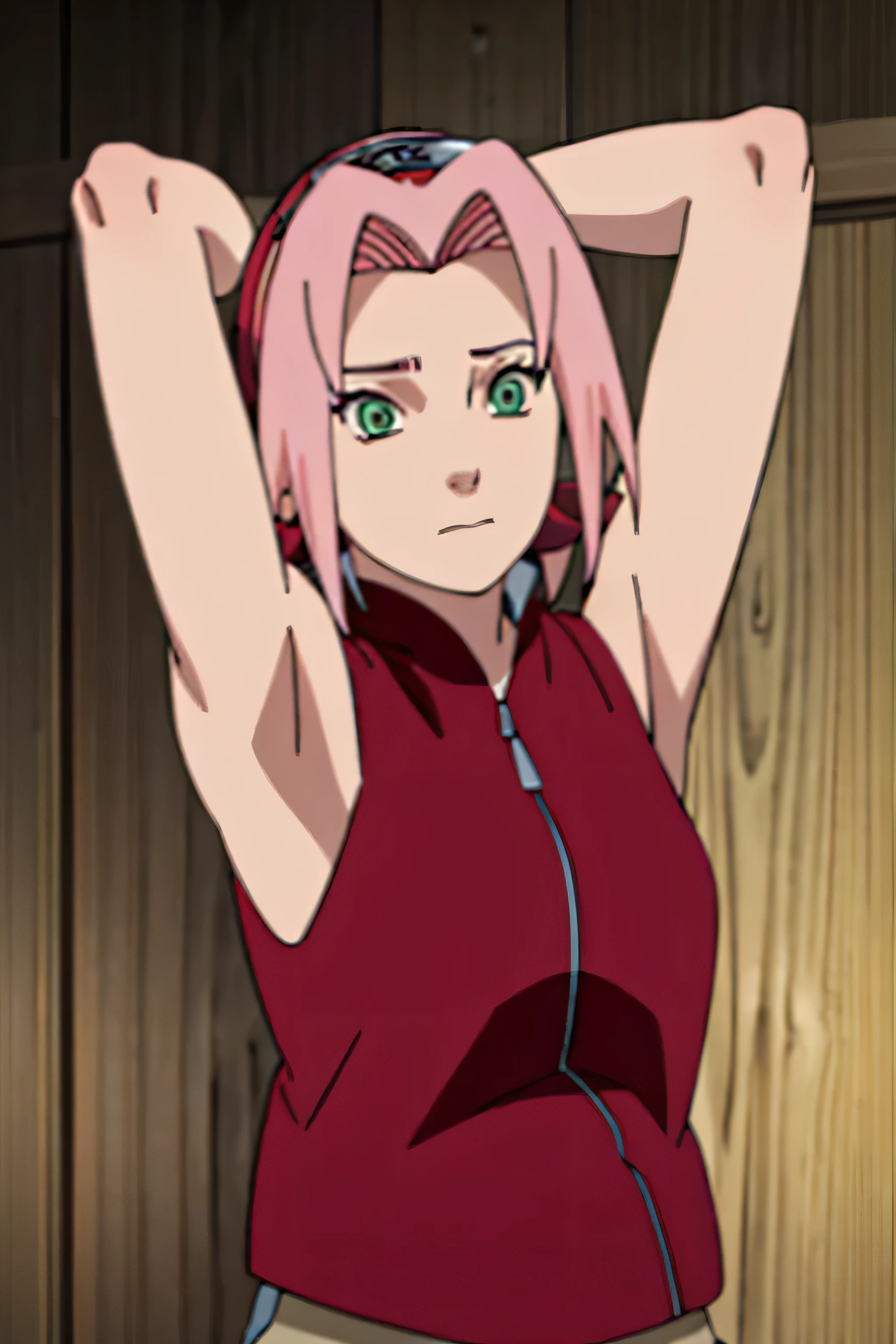 sakura haruno, sleeveless, red jacket, forehead protector, konohagakure symbol, arms behind head, armpits, showing armpits, posing, green eyes, perfect proportions, sakura shippuden
