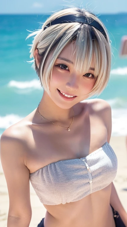 ((sfw: 1.4)), ((sfw, bandeau top, beach, bony body, extra short hair, sidelocks-hair, smile, 1 girl)), ultra high resolution, (real: 1.4), RAW photo, highest quality, (photorealistic), focus ,Soft light,((15 years old)),((Japanese)),(((Young face))),(Surface),(Depth of field),Masterpiece,(Photoreal),Woman,Bangs,( (1 girl)