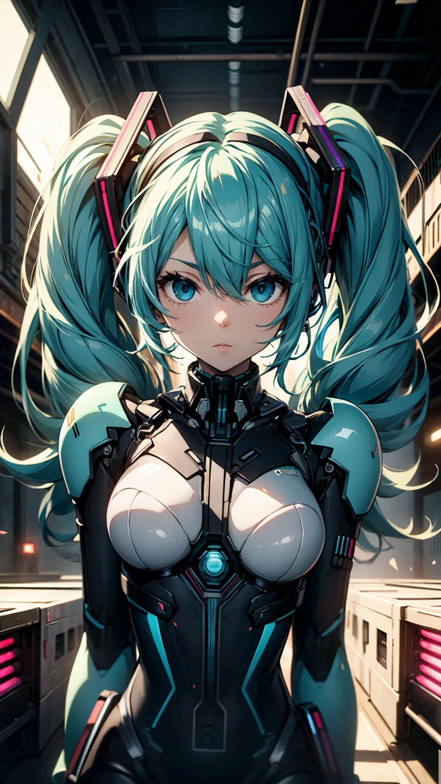 Hatsune Miku VOCALOID, Twin tails, Bright Blue Eyes, Light blue hair, Bodysuits, cyber punk, Ultimate Physical Beauty, Beautiful Eyes, Embarrassed look , Big Chest, 8k CG, highest quality, Best image quality,