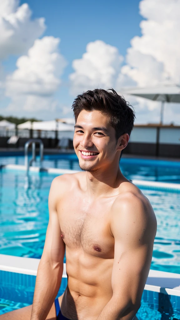 male Age 28 swimwear lifeguard topless smile