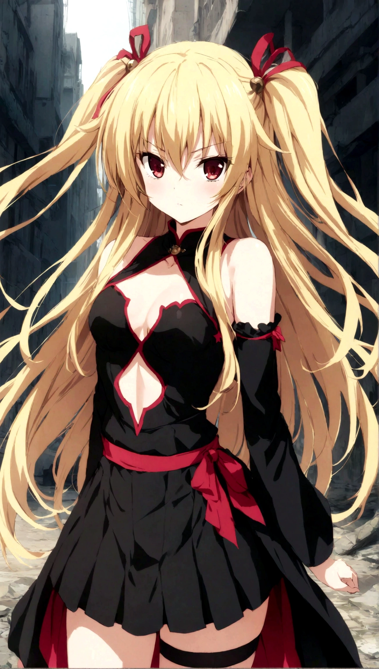 masterpiece, best quality, very aesthetic, absurdres,
konjiki_no_yami(to_love-ru), to_love-ru,1girl, blonde_hair, long_hair, two_side_up, red_eyes, small_breasts, black_shirt, black_skirt, black_sleeves, Four-pointed_star_cleavage_cutout, detached_sleeves,long_sleeves, thigh_strap, tsurime,wide_sleeves,bare_shoulders,in ruined city