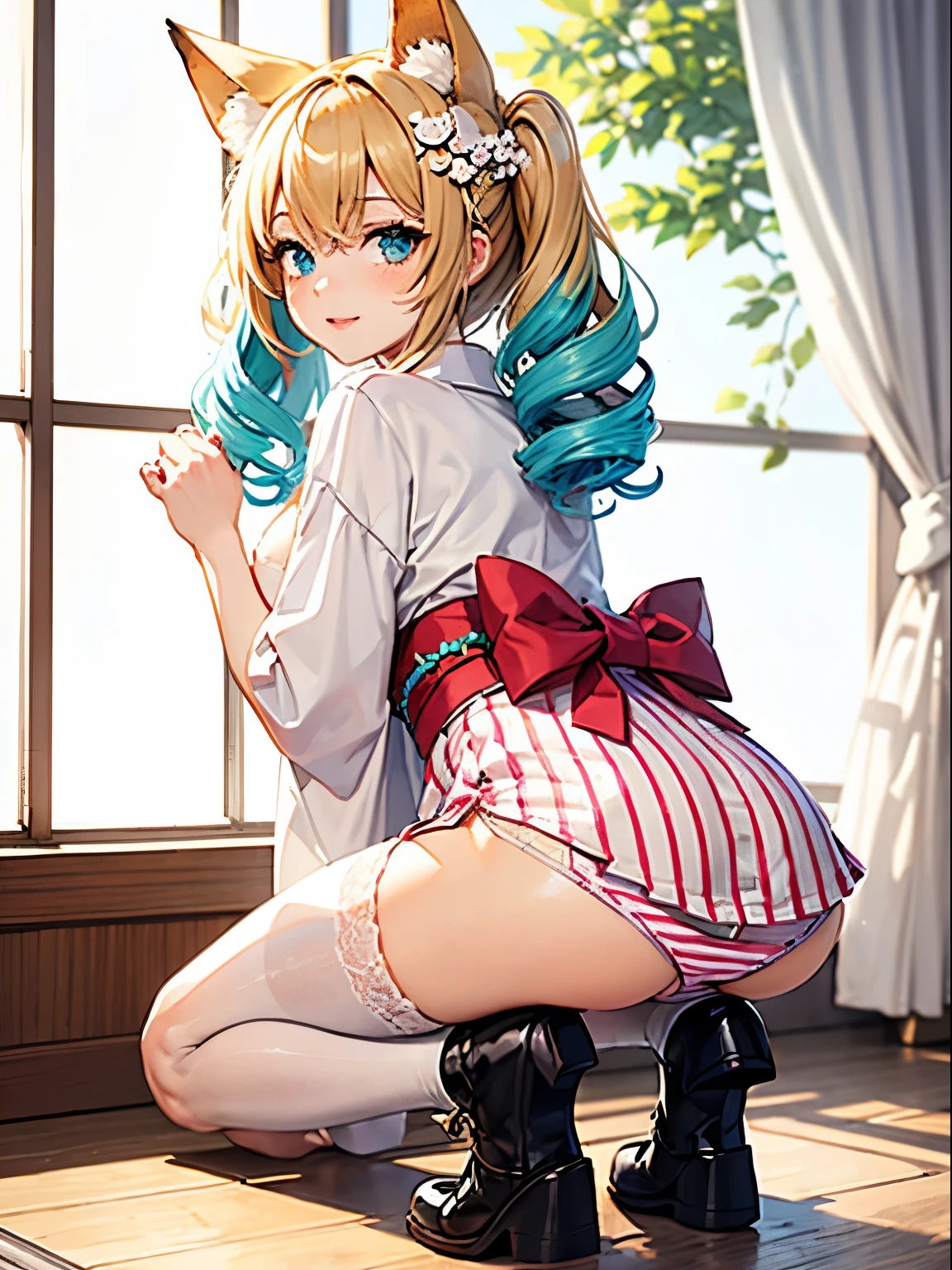 masutepiece, Best Quality,hair flower sketch, flower, Hair Ornament, 1girl in, Animal ears, Blue eyes, white blossoms, Long hair, Solo, Black footwear, Looking at Viewer, blush, Long sleeves, animal ear fluff, Blue hair, Parted lips, Bangs, Komono, Full body, extra ear, Hair intake, Shorts, sash, all-fours, Kimono, hair between eye, Fox ears, shoes,masterpiece, super fine illustration, best quality, light particles, ultra-detailed, 8K wallpaper, (bright colors:1.2), solo, ((a )), big breasts, (blonde hair), disheveled hair, short hair, twintail, two side up hair, scrunchie, curly hair, shiny hair, shiny skin, (wearing pale pink and white horizontal striped dress, short sleeve), (frilled miniskirt), (white legwear), ((horizontal striped panty)), (beautiful green eyes, shiny eyes, big eyes), affectionate smile, seductive smile, closed mouth, blush cheeks, (naughty room), (pink bed), (pink pillows), (pink curtain), looking back, get down all fours, nsfw, sunlight, shadow,