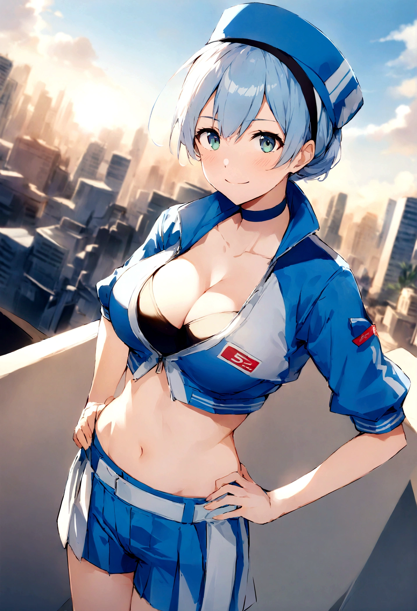 score_9, score_8_up, score_7_up,4k, ,BREAK , (from front,top angle),standing,straight-on,hands on hips,1girl,RACEELIE, HAIRBAND, CHOKER, BLUE HAT, BLUE JACKET, CROPPED JACKET, CLEAVAGE,large breast, MIDRIFF, BLUE SHORTS, PLEATED SKIRT,(light smile),(daytime and beachside and city), ,,,detailed skin,,(best quality),,(aesthetic,very aesthetic),sharp focus,depth of field,,