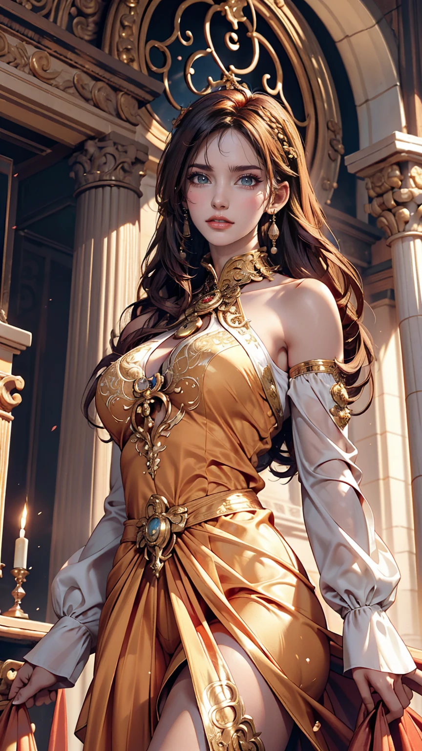 (Absurd, High resolution, Super detailed), One girl, Zodiac sign - Aries Goddess , alone, mature, Baroque, Long dress, Long sleeve, elegant, colorful, Most detailed, Upper Body , Sunset Hair . Eye of Fire . Brave, Selfish, Productive, The face of an enterprising humanitarian .