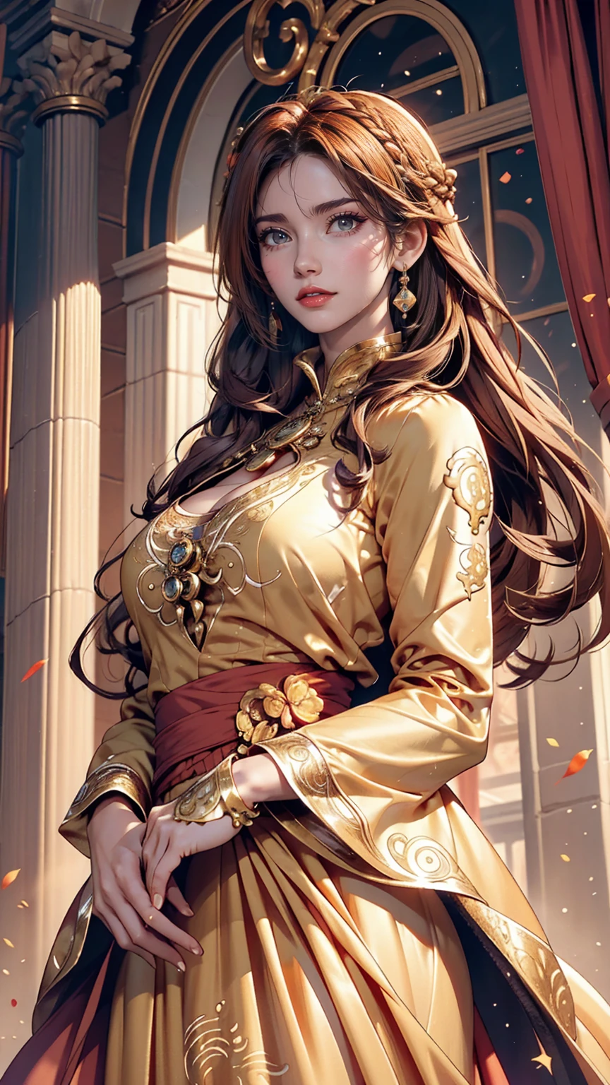 (Absurd, High resolution, Super detailed), One girl, Zodiac sign - Aries Goddess , alone, mature, Baroque, Long dress, Long sleeve, elegant, colorful, Most detailed, Upper Body , Sunset Hair . Eye of Fire . Brave, Selfish, Productive, The face of an enterprising humanitarian .