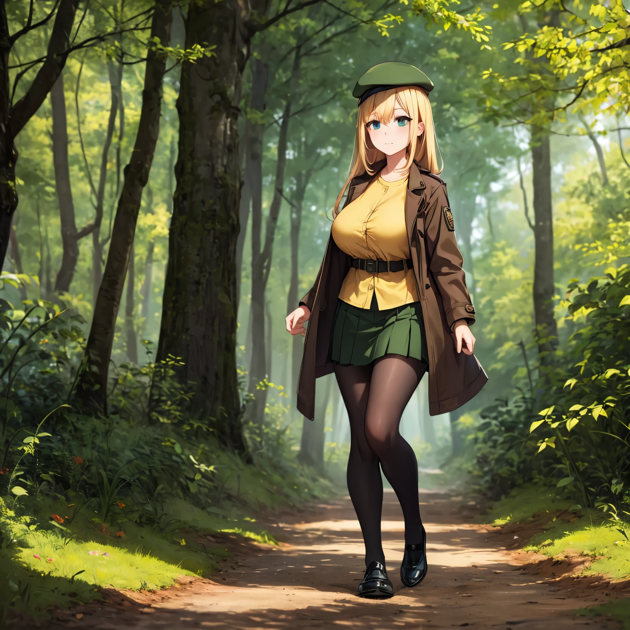 a woman wearing a yellow shirt, wearing a military shirt, moss green skirt, black tights, black shoes, wearing an open moss green coat, green hat, walking in a forest in autumn weather, dirt road, long blonde hair, big breasts, eyes green.(solo woman),flower, UHD, masterpiece, accurate, anatomically correct, textured skin, super detail, high quality, best quality, 8k, high resolution, bokeh effect.
