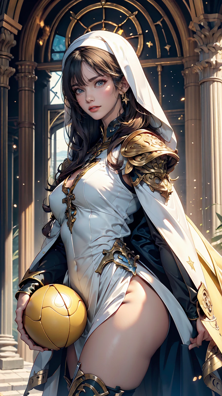 ((RAW Photos)), ((masterpiece)), Anthropomorphic humanoid angel girl in nun armor, Intricate details, football, A complex Greebles piece, Sea behind, Yellow wings, beautiful, Fine eyes and lips