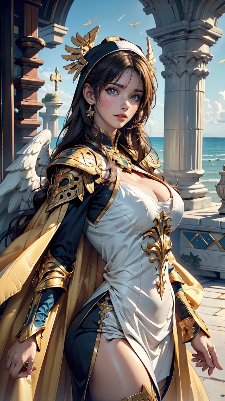 ((RAW Photos)), ((masterpiece)), Anthropomorphic humanoid angel girl in nun armor, Intricate details, football, A complex Greebles piece, Sea behind, Yellow wings, beautiful, Fine eyes and lips