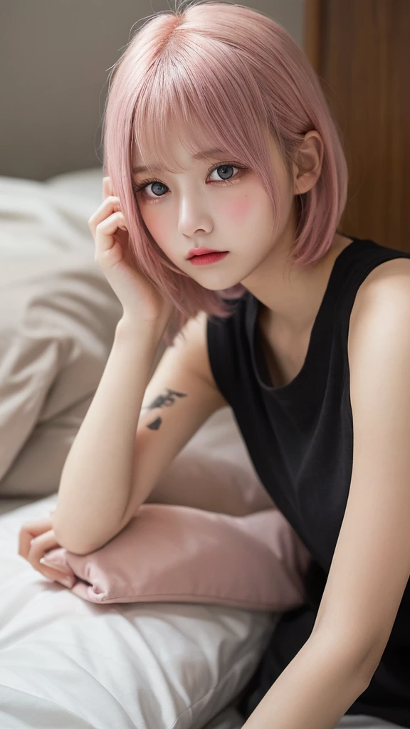 Flying debris, highest quality, shape, Very detailed, Fine details, High resolution, 8k,wallpaper, Perfect dynamic composition, Beautiful details, White camisole,Short Bob Hair、Pink Hair Color,Big Natural Color Lip, Bold sexy pose,Crying a little、Cold Stare,Harajuku Style、20-year-old girl、Cute type、Lolita、Good Eyes、Sleeping in bed