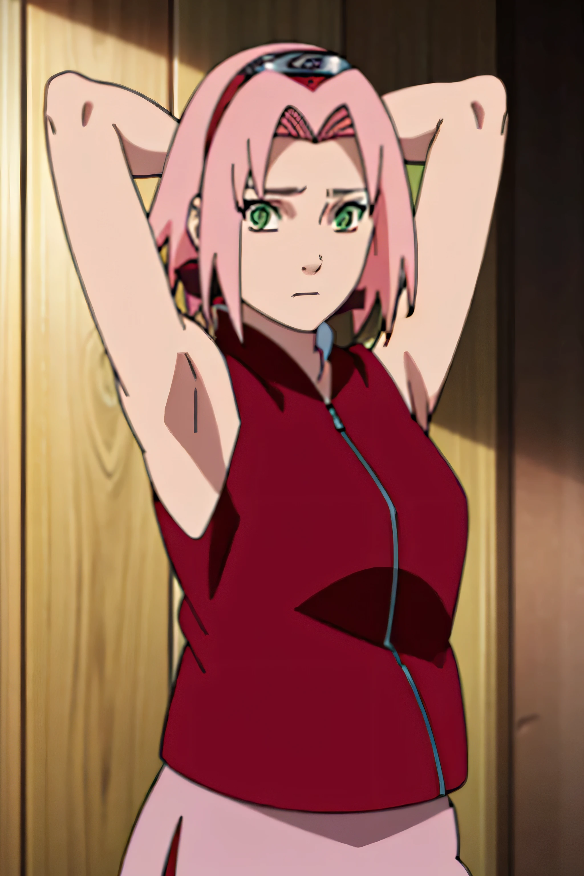 sakura haruno, sleeveless, red jacket, forehead protector, konohagakure symbol, arms behind head, armpits, showing armpits, posing, green eyes, perfect proportions, sakura shippuden