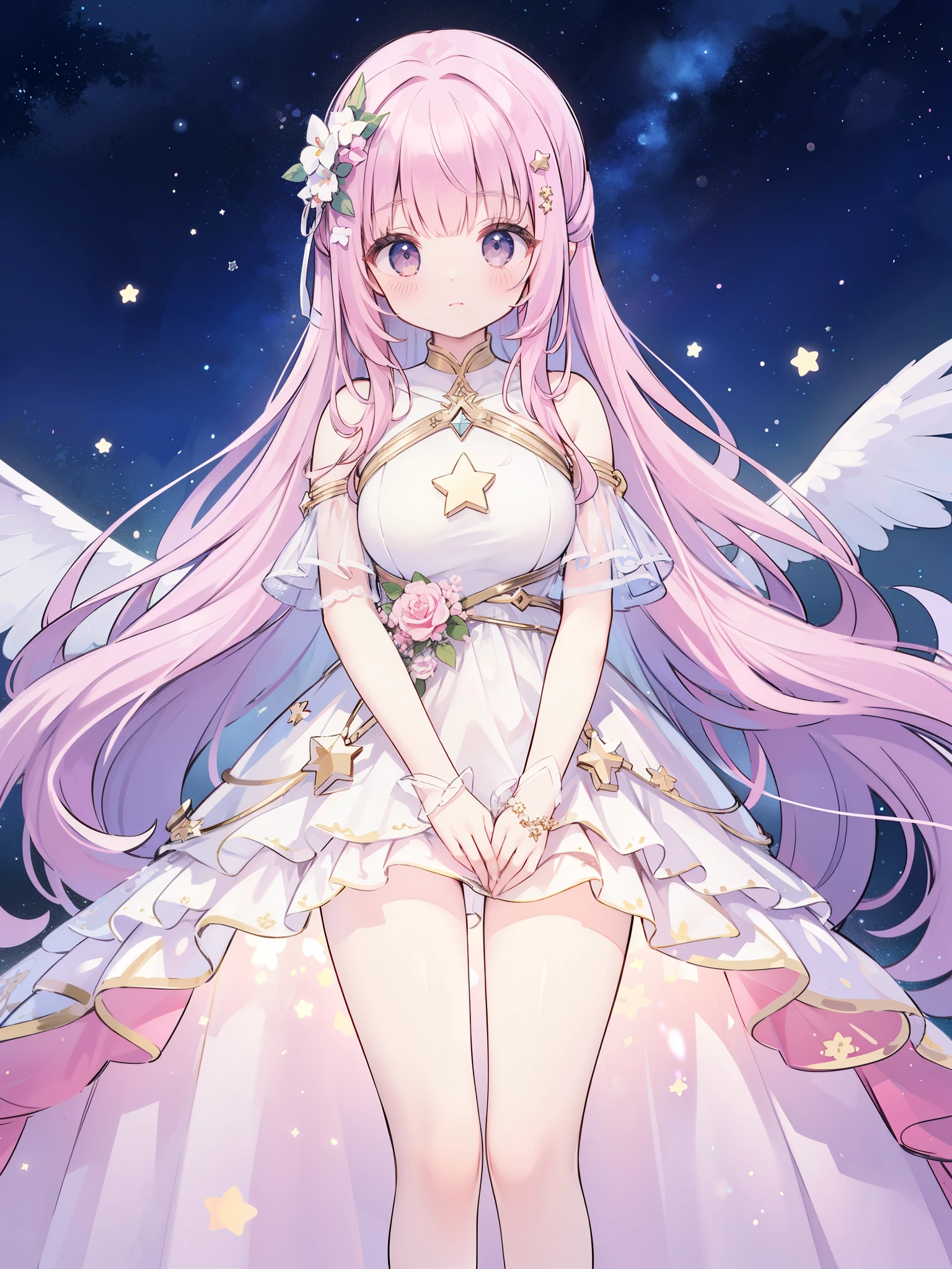 complex background, wishing star background, a woman wearing an ethereal mystical pink translucent dress that reflects the stars, dreamy, peaceful, serene composition, glowing stars, glowing, mystic, complex drawing, highly detailed, ethereal, starry night, midjourney style