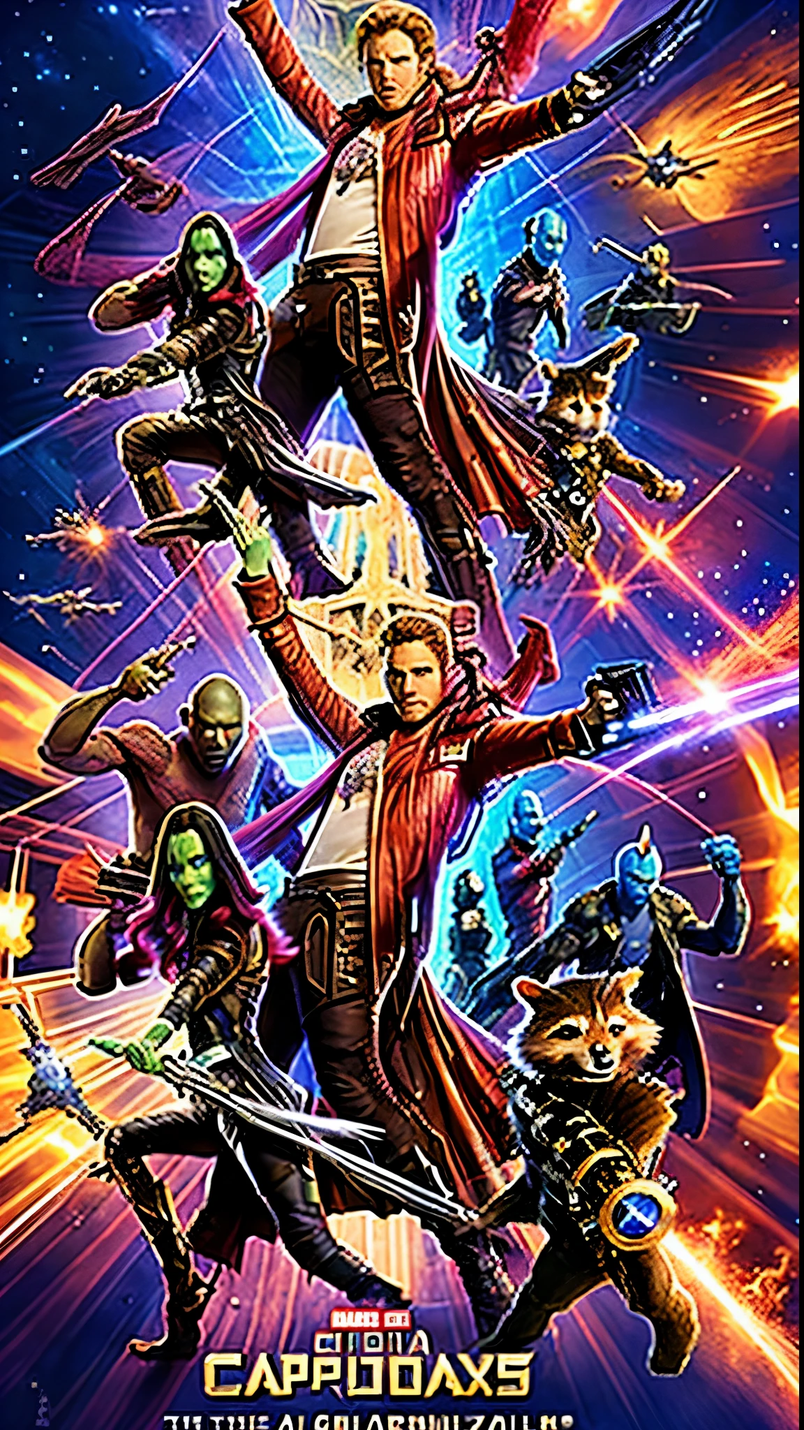 『Guardians of the Galaxy』A realistic depiction of Captain America's arrival in the film。The scene changes to a space landscape.、The aftermath of a fierce battle unfolds。In the distance、The remains of a destroyed spaceship are engulfed in swirling flames.、This tells the story of the chaos that followed.。Our Heroes、Captain America appeared from a galaxy far, far away.、His iconic shield shines brightly against a dark background、Concentrate、I am determined。The scene is lit by a Dutch angle.、Increase visual drama and tension、A luxurious spaceship's technological marvel can be seen faintly in the background。The atmosphere is a fantastic blend of beautiful