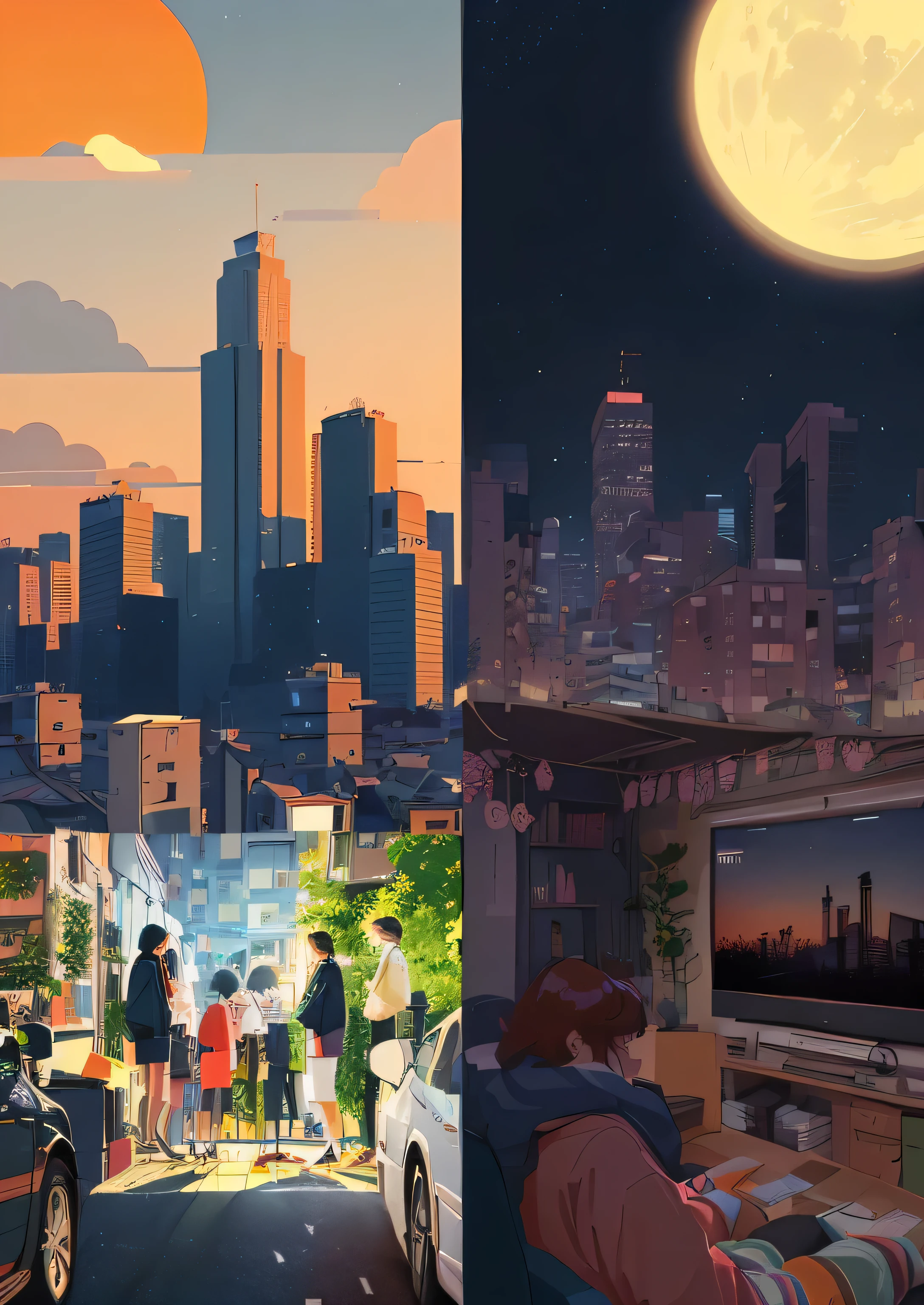 A poster divided into two parts. On the left is a car of people going to work in the morning. ，On the right is a person watching TV at home with his family at night, lo-fi Illustration style, With Artest Guerin (atey ghailan) style, Inspired by Artie Guerin, Detailed 2D illustrations, Illustration style, lofi artstyle, animated illustration style, 4k hd wallpaper illustration, 8k cartoon illustration, 4k hd illustration wallpaper