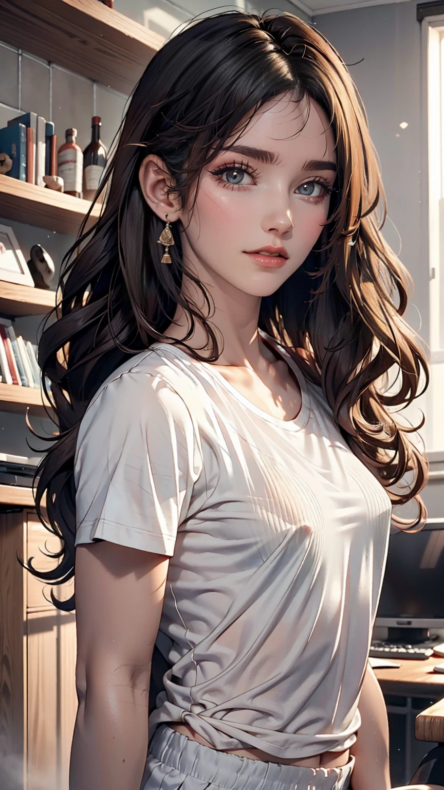 18 year old American girl, Video Gamer, Wearing a semi-transparent short T-shirt, Black Hair, ((blush: 0.8)), Natural skin texture, 4K Textures, Very detailed, Insane Details, pale colour , ((Long Wavy Hair)), ((smile: 0.4)), (No pants: 0.2), ((Look straight into the camera)), ((Tilt your head: 0.8 )), ((Small breasts:1)).