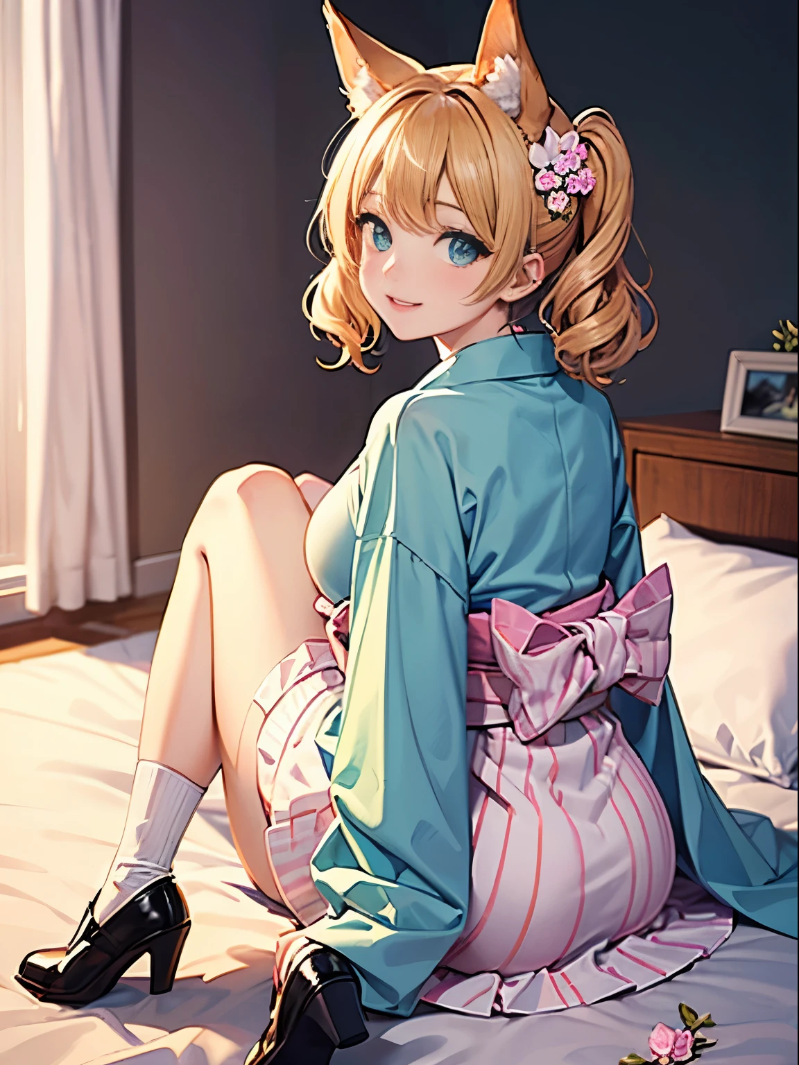 masutepiece, Best Quality,hair flower sketch, flower, Hair Ornament, 1girl in, Animal ears, Blue eyes, white blossoms, Long hair, Solo, Black footwear, Looking at Viewer, blush, Long sleeves, animal ear fluff, Blue hair, Parted lips, Bangs, Komono, Full body, extra ear, Hair intake, Shorts, sash, all-fours, Kimono, hair between eye, Fox ears, shoes,masterpiece, super fine illustration, best quality, light particles, ultra-detailed, 8K wallpaper, (bright colors:1.2), solo, ((a little girl)), big breasts, (blonde hair), disheveled hair, short hair, twintail, two side up hair, scrunchie, curly hair, shiny hair, shiny skin, (wearing pale pink and white horizontal striped dress, short sleeve), (frilled miniskirt), (white legwear), ((horizontal striped panty)), (beautiful green eyes, shiny eyes, big eyes), affectionate smile, seductive smile, closed mouth, blush cheeks, (naughty room), (pink bed), (pink pillows), (pink curtain), looking back, get down all fours, nsfw, sunlight, shadow,