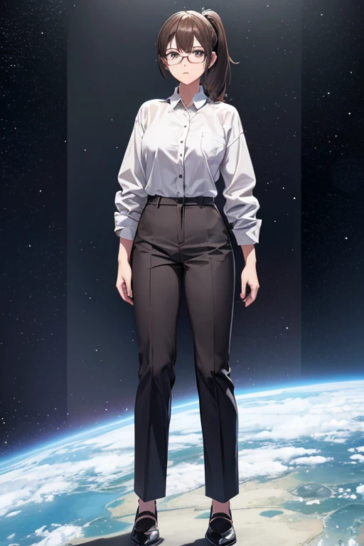 Anime drawings、Full body portrait、Space SF mechanic、A woman, standing upright, about 160cm tall, around 32 years old, wearing a white button-up shirt and grey slacks.、grumpy look、Hairstyle: short ponytail、Brown Hair、Grey Eyes、Glasses、pumps