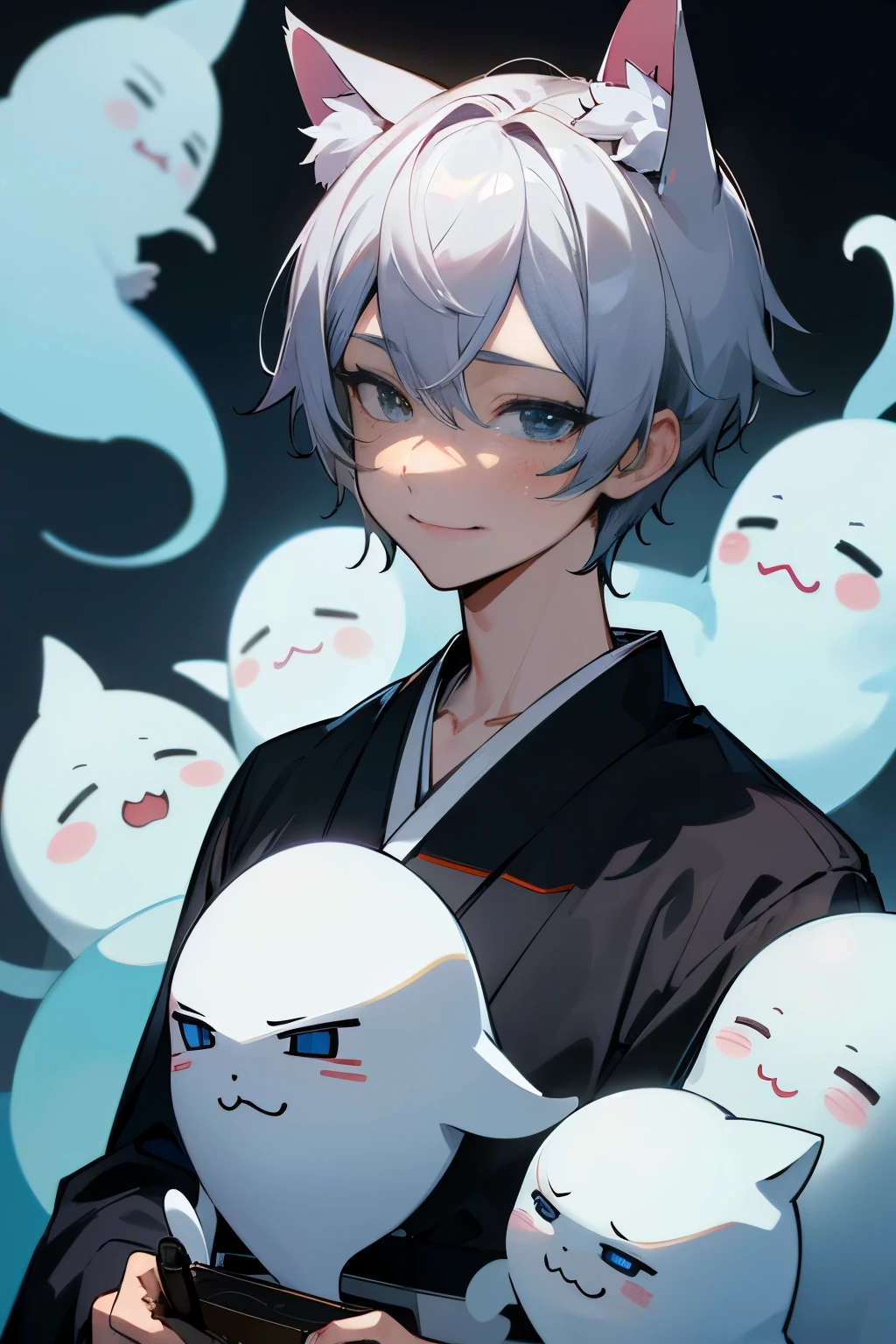 超High resolution, retina, masterpiece, Accurate, Anatomically correct, Rough skin, Very detailed, Advanced Details, high quality, Awards, 最high quality, High resolution, High resolution, 4K,(anime,8k,masterpiece, 最high quality, 最high quality,beautifully、beautiful:1.2,Professional Illustration:1.1,Very detailed:1.3,Perfect lighting),Very detailed,Most detailed,High resolution,boy, Cat ear，Silver Hair，short hair，Wicked Smile，Upper Body，ghost，kimono，yukata