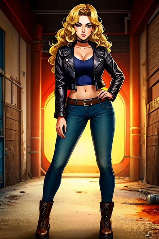 (((masterpiece, best quality, high quality, aipub))), full-body shot of an ultra hot gorgeous European woman, age 23, blonde wavy hair.leather jacket outfit, , in Fallout
