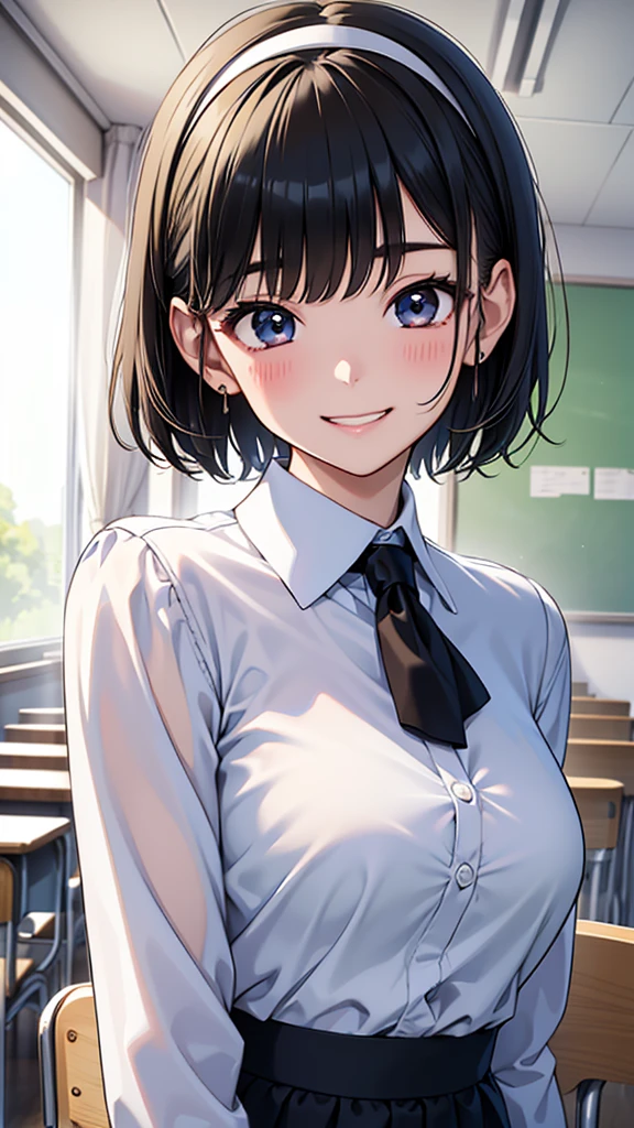 young woman、smile、((Short Hair、hair band))、Blushing、Grin、masterpiece、High resolution、16k、Long sleeve uniform、(Very close:1.5)、School classroom、(Close up of upper body)