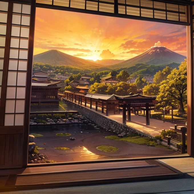 A massive ancient Japanese city with a volcano in the background 