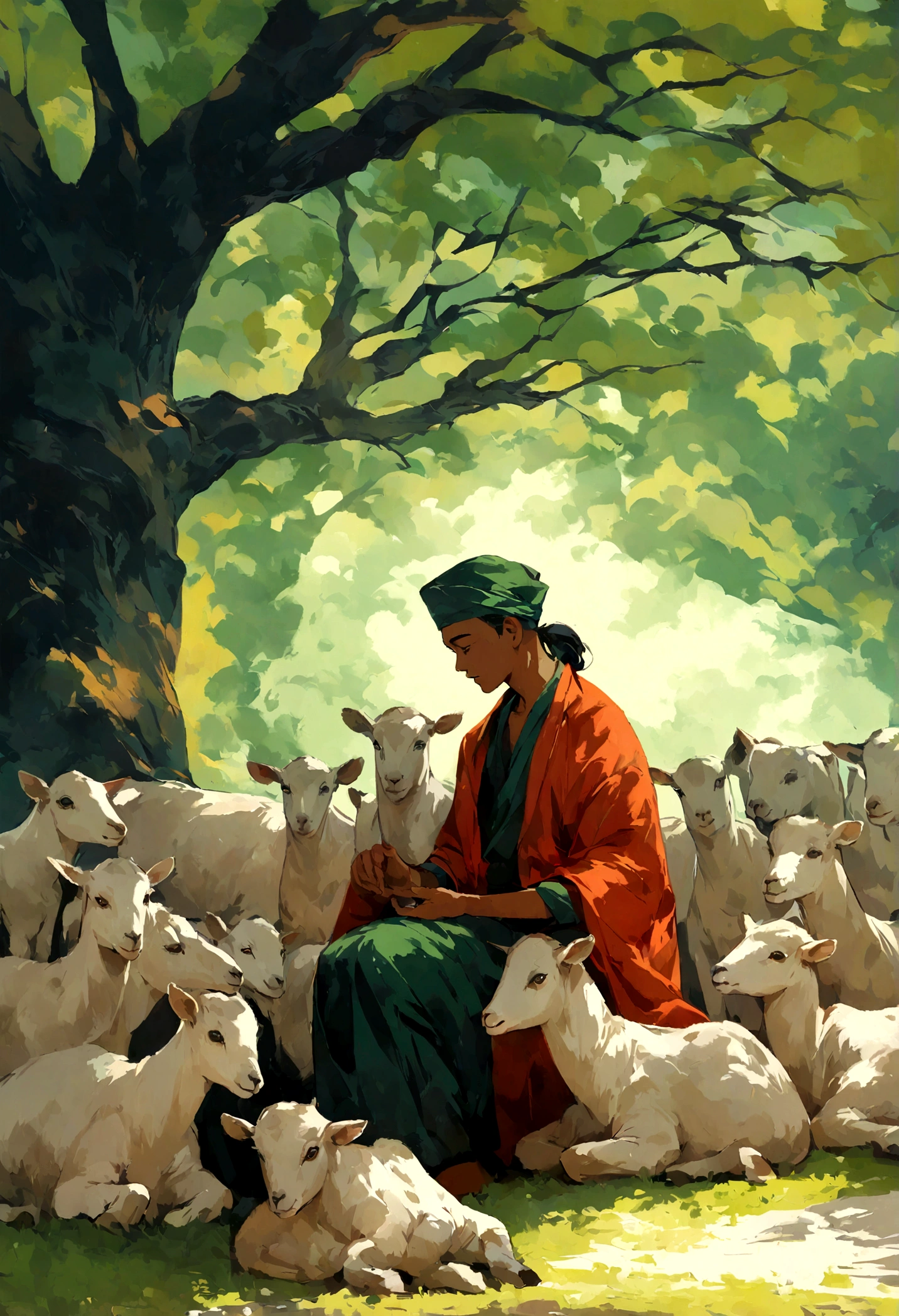 make hand painting, Shepherd, indonesian boy, sitting sitting under a shady tree, big tree on side, looking at the herd of goats, in green pastures, oil painting, abstract illustration, warm color