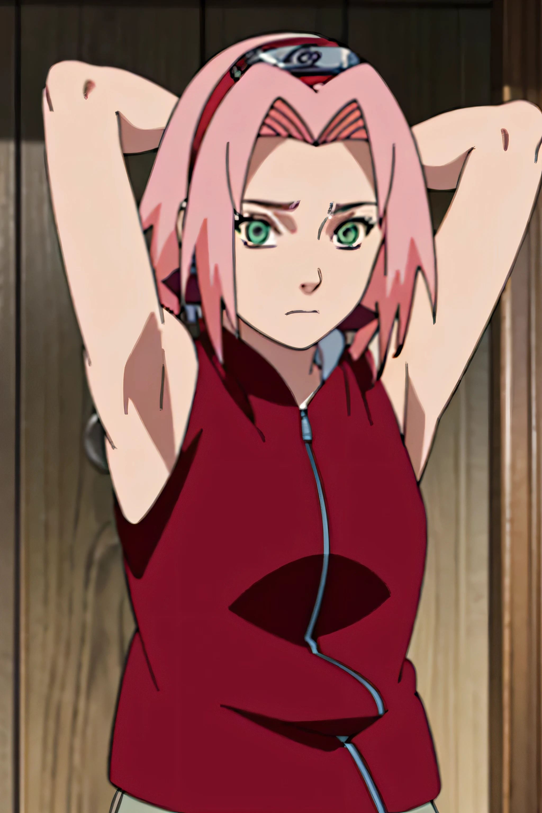 sakura haruno, sleeveless, red jacket, forehead protector, konohagakure symbol, arms behind head, armpits, showing armpits, posing, green eyes, perfect proportions, sakura shippuden