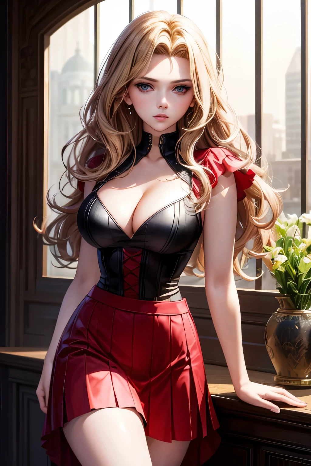 masterpiece, top quality, high resolution, Scarlett Johansson, top cropped, skirt, beautiful woman, headshot, front view:1.2,long wavy hair, glossy, bangs, side sweep, seductive eyes, almond-shaped, slim waist