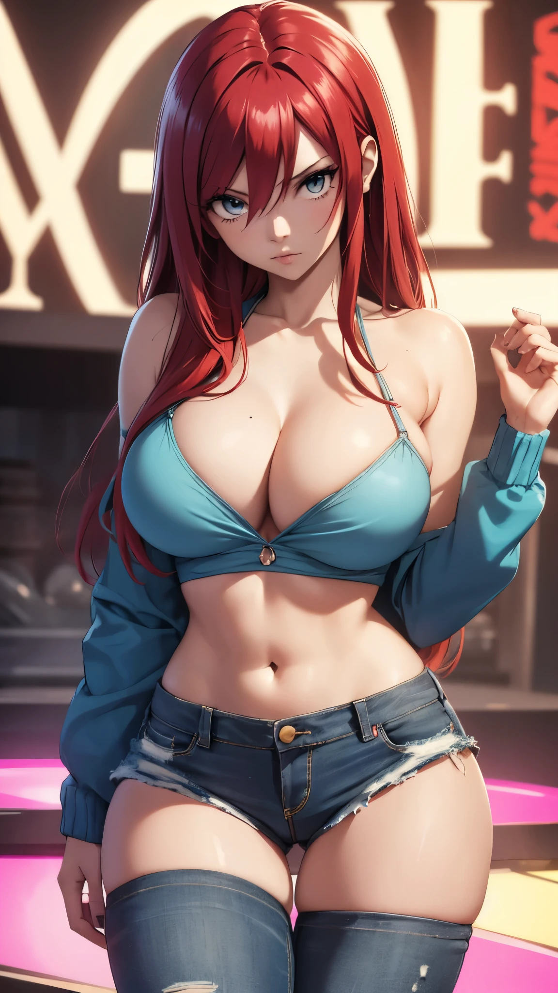 (best quality,highres:1.2),ultra-detailed,realistic,photorealistic:1.37,a beautiful girl (Erza Scarlet from Fairy Tail) model in a pop style,18 years old,long legs,medium breasts,extremely detailed face (with emphasis on azure eyes),Her red-colored hair falls to her shoulders.She is dressed in short blue denim shorts and a short top (very shabby and torn in places),),bent down, lifting her ass to the top,more sexy pose,illustration,colorful pop art style,dynamic lighting,neon colors,sunglasses on head.Nsfw