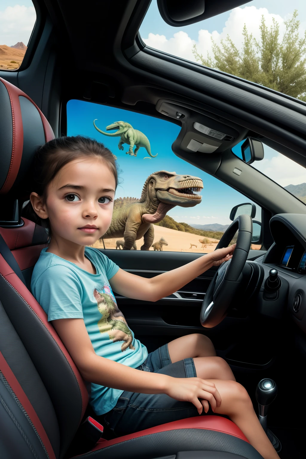 ((best quality)), ((masterpiece)), (detailed), 1 , Real picture,
Inside the car, chair, sitting, Landscape with dinosaurs running around