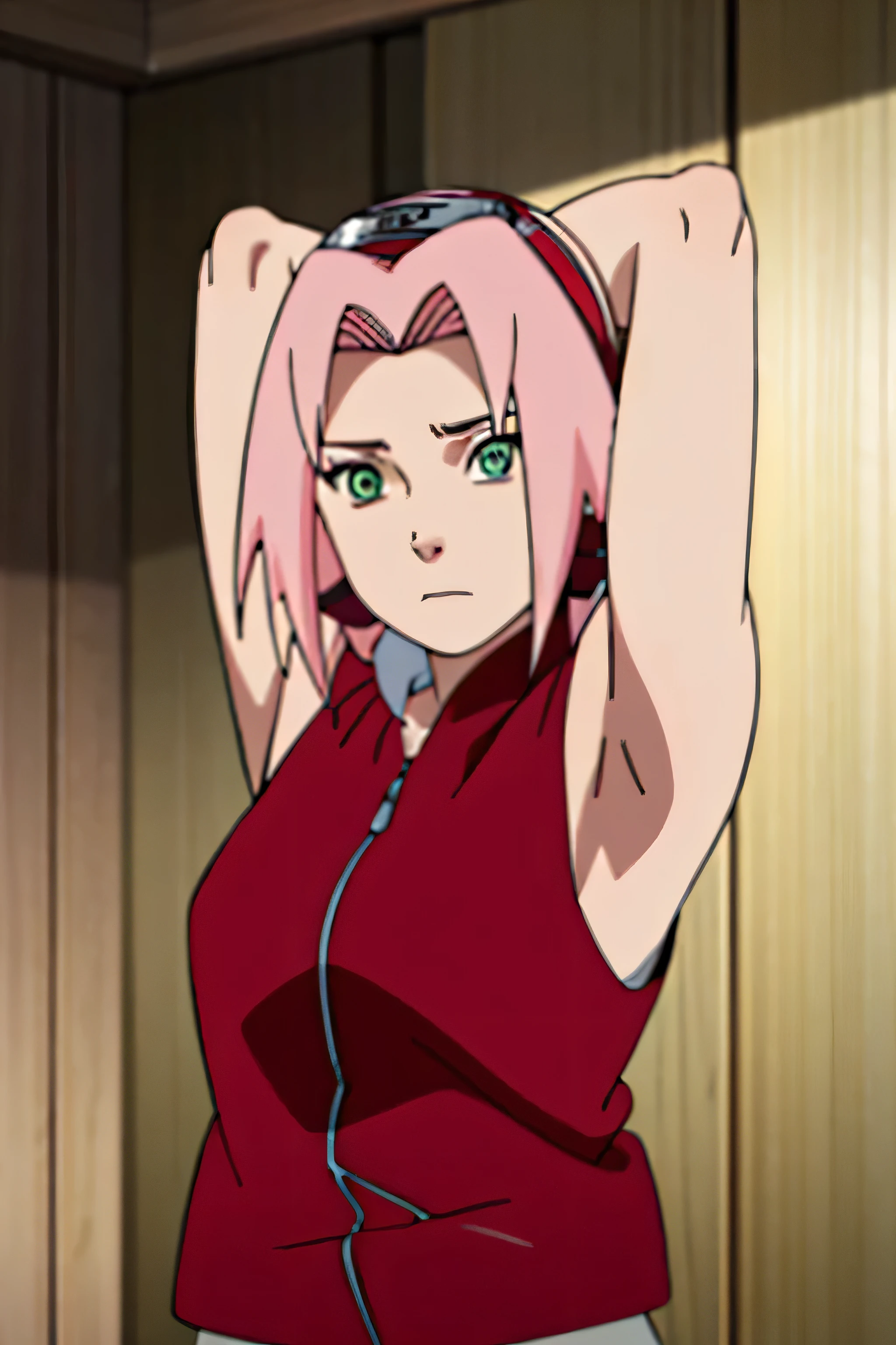 sakura haruno, sleeveless, red jacket, forehead protector, konohagakure symbol, arms behind head, armpits, showing armpits, posing, green eyes, perfect proportions, sakura shippuden