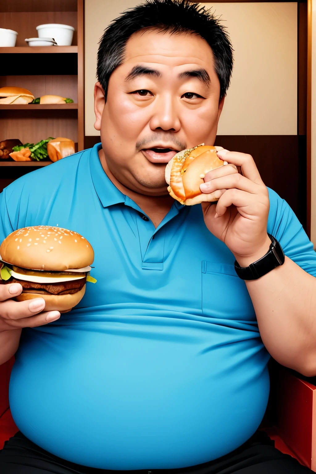 Disgusting fat middle-aged Japanese man eating a hamburger