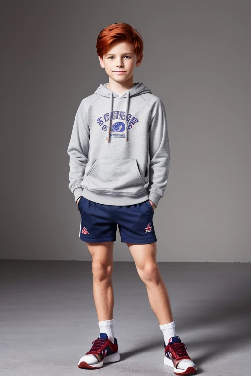 Create the image of a boy, redhead, 12 years old, with a robust, short body, dressed in a sports sweatshirt, gray shorts and white tennis shoes, in a standing pose.
