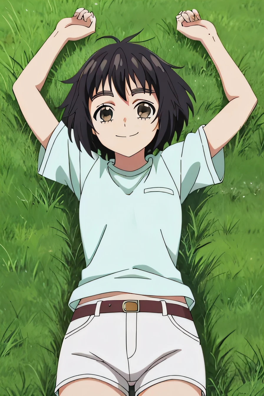 solo, 1girl, looking at viewer, 2D, anime, anime coloring, hiyori suzumi, , white t-shirt, white shorts, high quality, solo, lying, on back, arms up, spread arms, on grass, (cowboy shot:1.5), looking at viewer, smile, best quality,