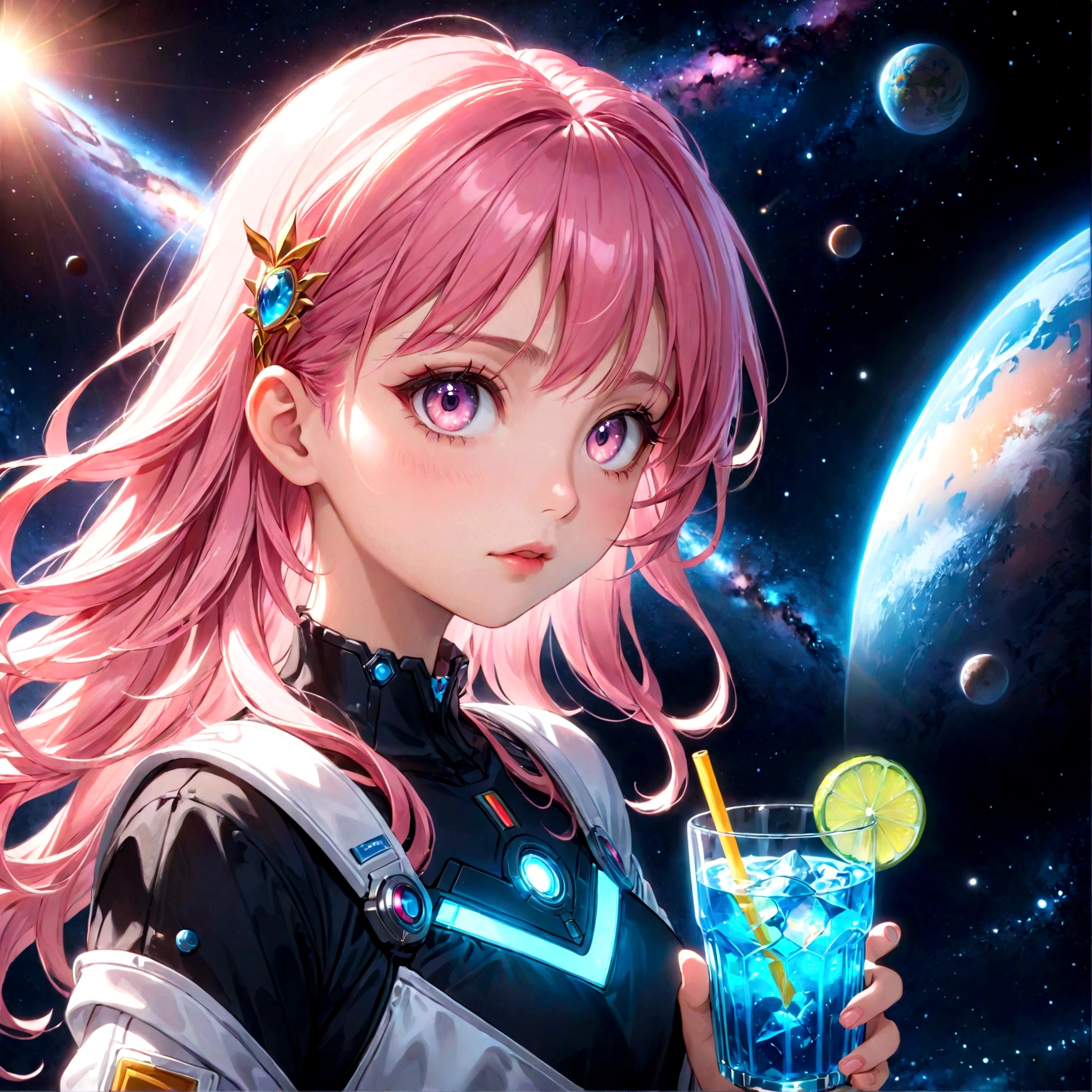 a girl with pink hair holding a drink, space background, anime aesthetic, official art, 8k, high quality, detailed, photorealistic, vibrant colors, studio lighting, beautiful detailed eyes, beautiful detailed lips, extremely detailed face, long eyelashes, complex hairstyle, dreamlike atmosphere, glowing aura, dynamic pose, cinematic lighting