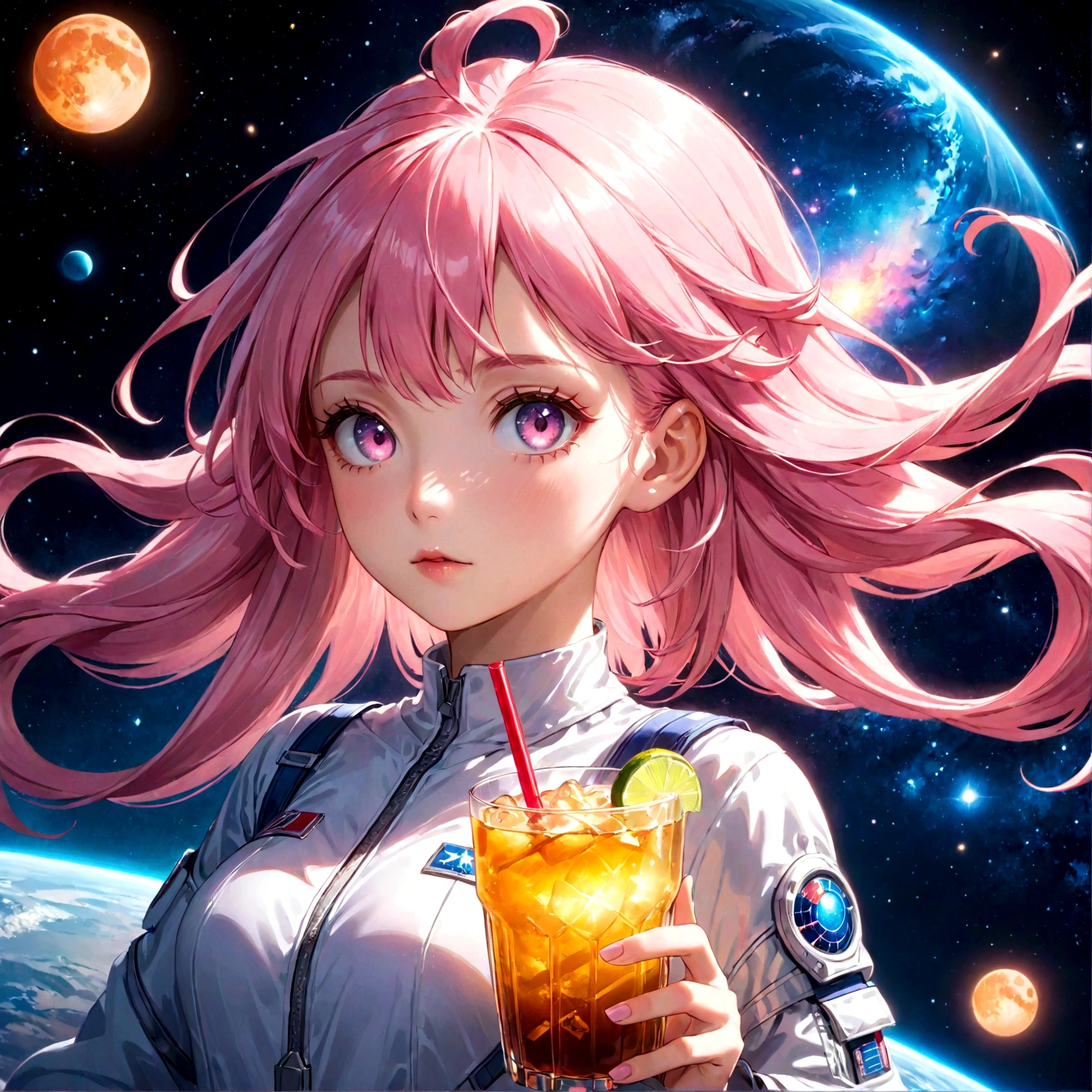 a girl with pink hair holding a drink, space background, anime aesthetic, official art, 8k, high quality, detailed, photorealistic, vibrant colors, studio lighting, beautiful detailed eyes, beautiful detailed lips, extremely detailed face, long eyelashes, complex hairstyle, dreamlike atmosphere, glowing aura, dynamic pose, cinematic lighting