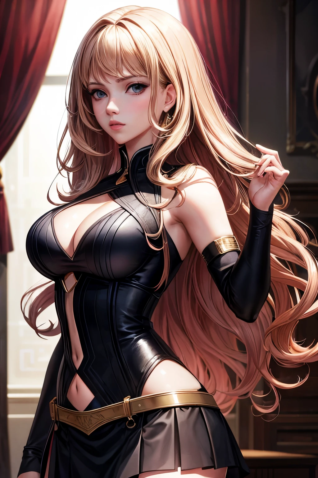 masterpiece, top quality, high resolution, Scarlett Johansson, top cropped, skirt, beautiful woman, headshot, front view:1.2,long wavy hair, glossy, bangs, side sweep, seductive eyes, almond-shaped, slim waist