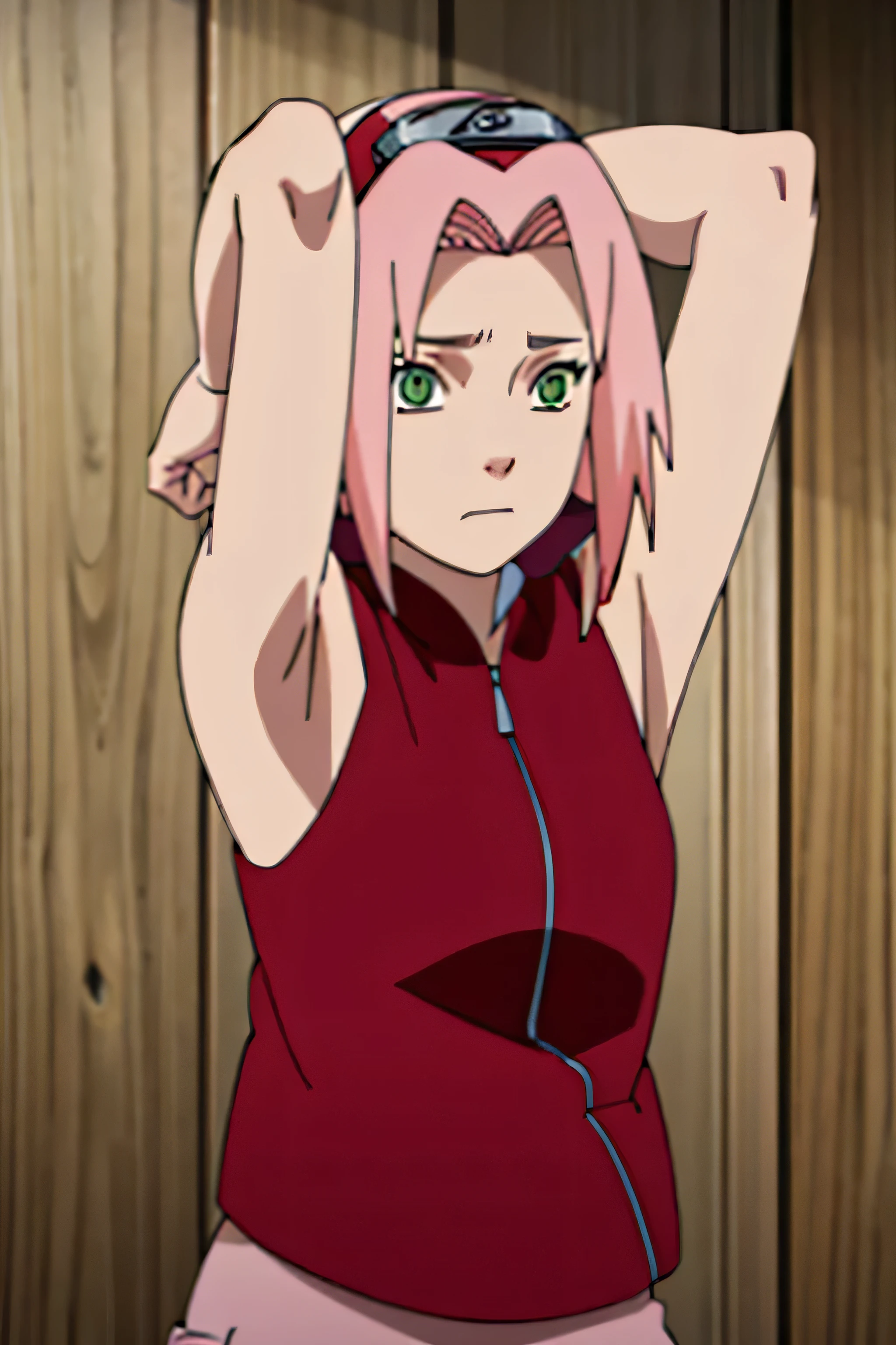 sakura haruno, sleeveless, red jacket, forehead protector, konohagakure symbol, arms behind head, armpits, showing armpits, posing, green eyes, perfect proportions, sakura shippuden