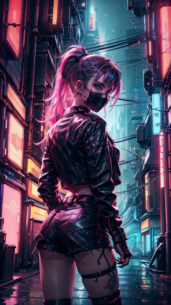 (masterpiece), best quality, expressive eyes, perfect face, A high school girl wearing a black leather jacket and black leather shorts. She has a ponytail and is wearing a ninja ghost half mask in a bustling cyberpunk city square with skyscrapers behind. The passersby in the city are also dressed in cyberpunk attire , rainy day, neon eyes, red blue purple neon hair, neon billboard, neon signboard, from back side, looking at viewer