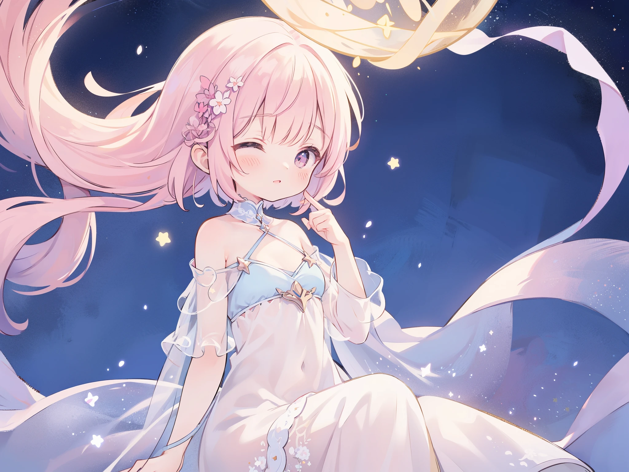 complex background, wishing star background, a woman wearing an ethereal mystical pink translucent dress that reflects the stars, dreamy, peaceful, serene composition, glowing stars, glowing, mystic, complex drawing, highly detailed, ethereal, starry night, midjourney style