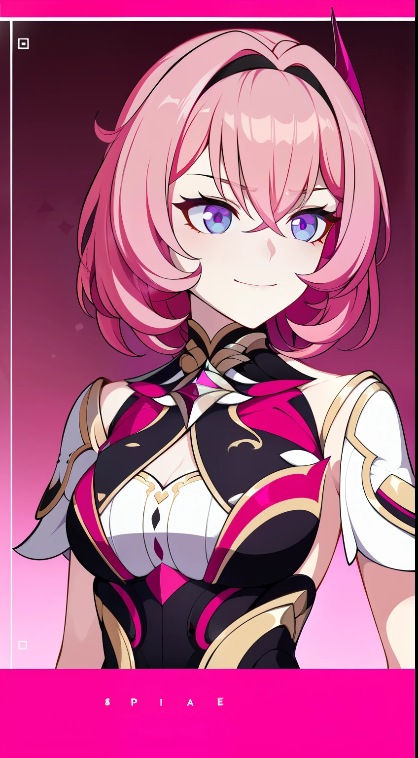 (high-quality, breathtaking),(expressive eyes, perfect face) Symmetrical Eyes, , age 18, body, Honkai Impact 3rd, 1girl, female, Valkyrie, smiling, pink eye color, flame red hair color, grey background, short hair length , Honkai outfits, facing towards viewer, stylized hairstyle, smirk
