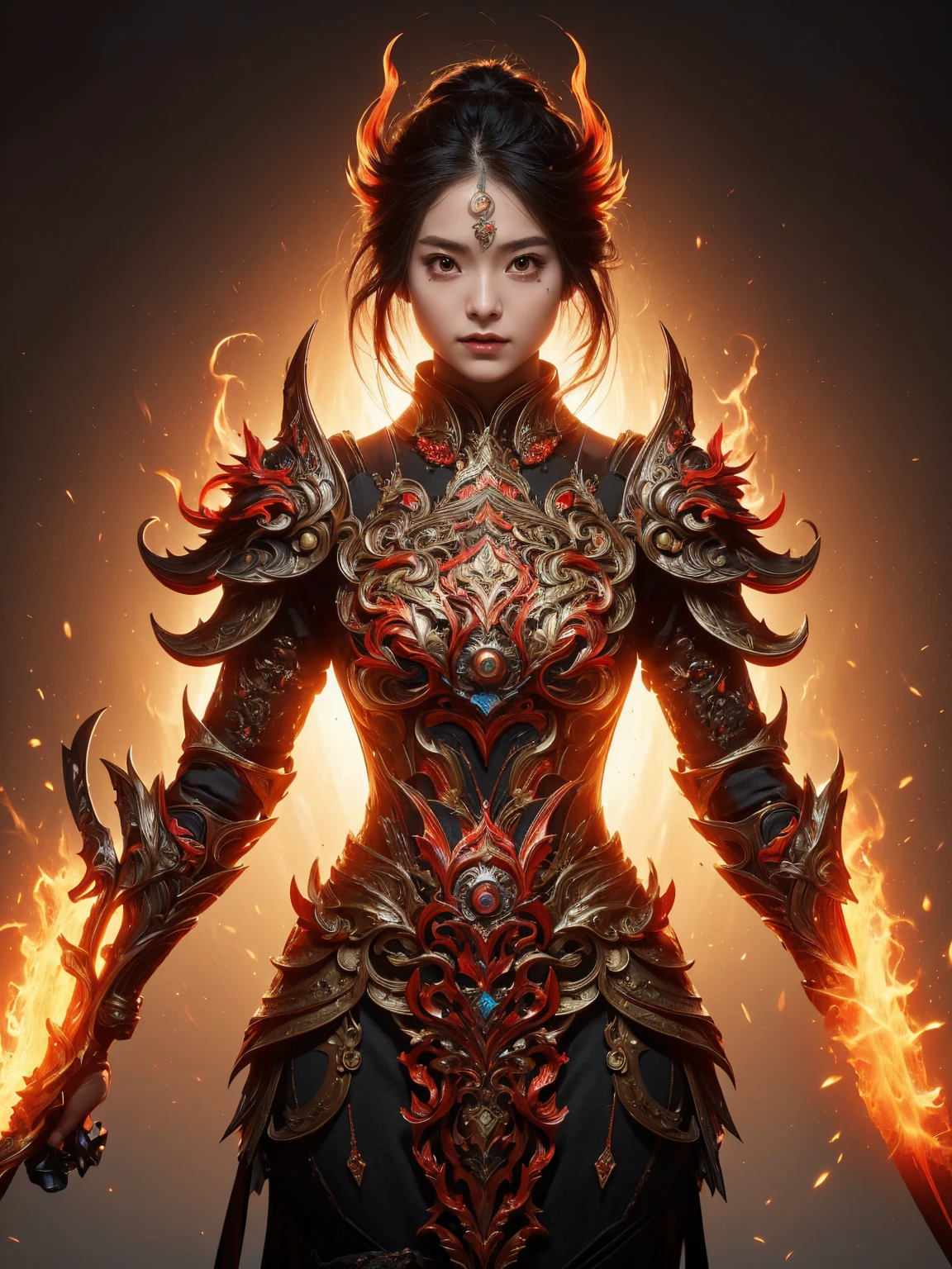 (masterpiece, top quality, best quality, official art, beautiful and aesthetic:1.2), (1girl),craft a Hyper-realistic portrayal of a futuristic (1girl1.2), Japanese character donned in intricate armor surrounded by captivating flames, an epic long (sword:1.2), Meticulous details capture the intense fusion of tradition and innovation in this visually stunning composition. Trending on Artstation.