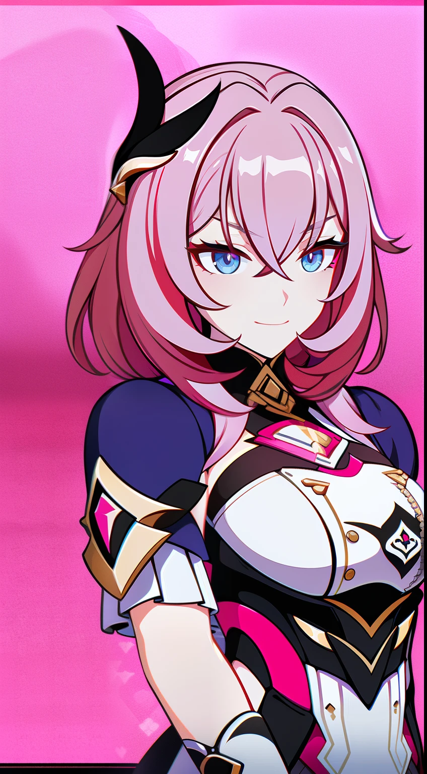 (high-quality, breathtaking),(expressive eyes, perfect face) Symmetrical Eyes, teenager, age 18, upperbody, Honkai Impact 3rd, 1girl, female, Valkyrie, smiling, pink eye color, flame red hair color, grey background, short hair length , Honkai outfits, facing towards viewer, stylized hairstyle, smirk