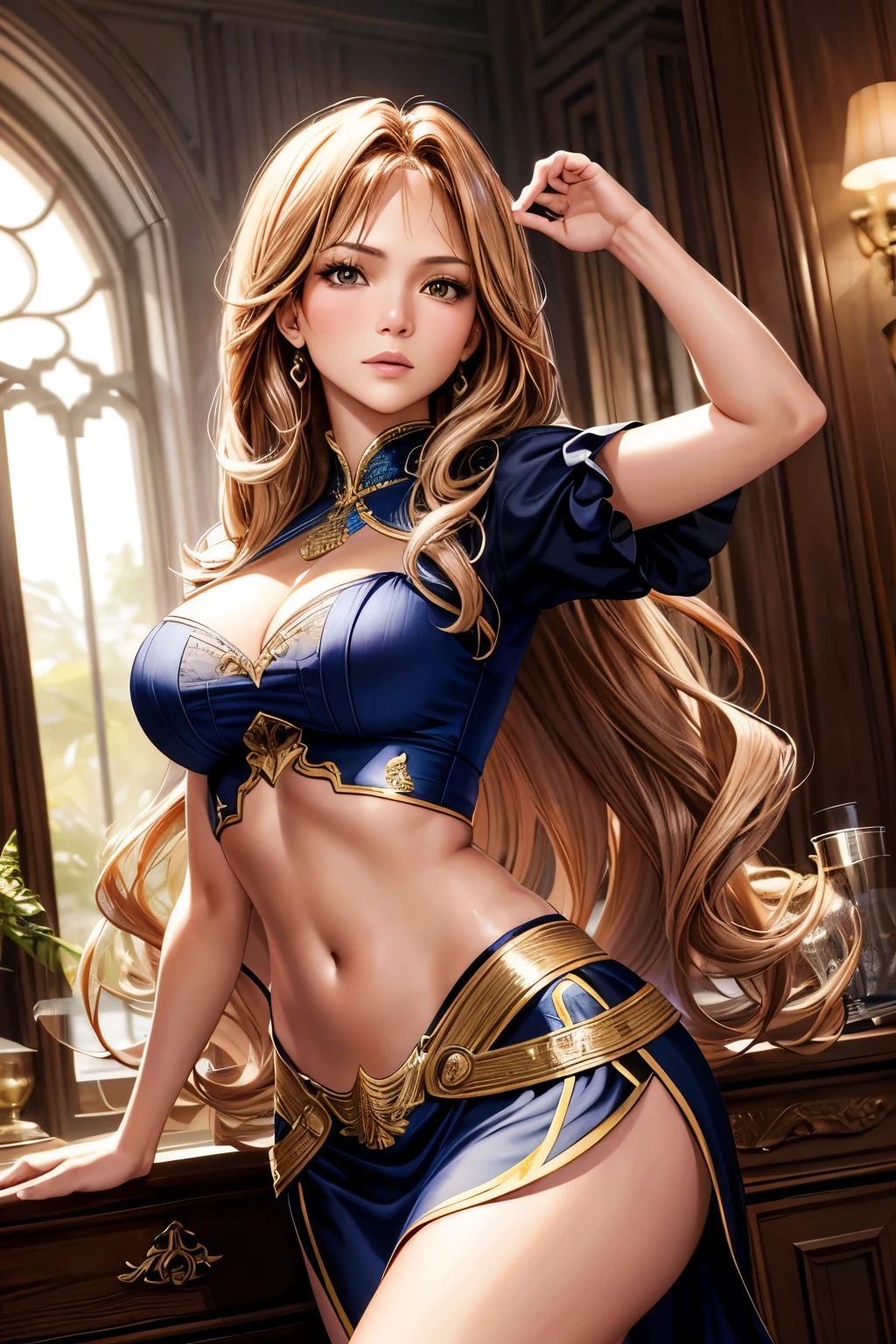masterpiece, top quality, high resolution, Jennifer Lopez, top cropped, skirt, beautiful woman, headshot, front view:1.2,long wavy hair, glossy, bangs, side sweep, seductive eyes, almond-shaped, slim waist