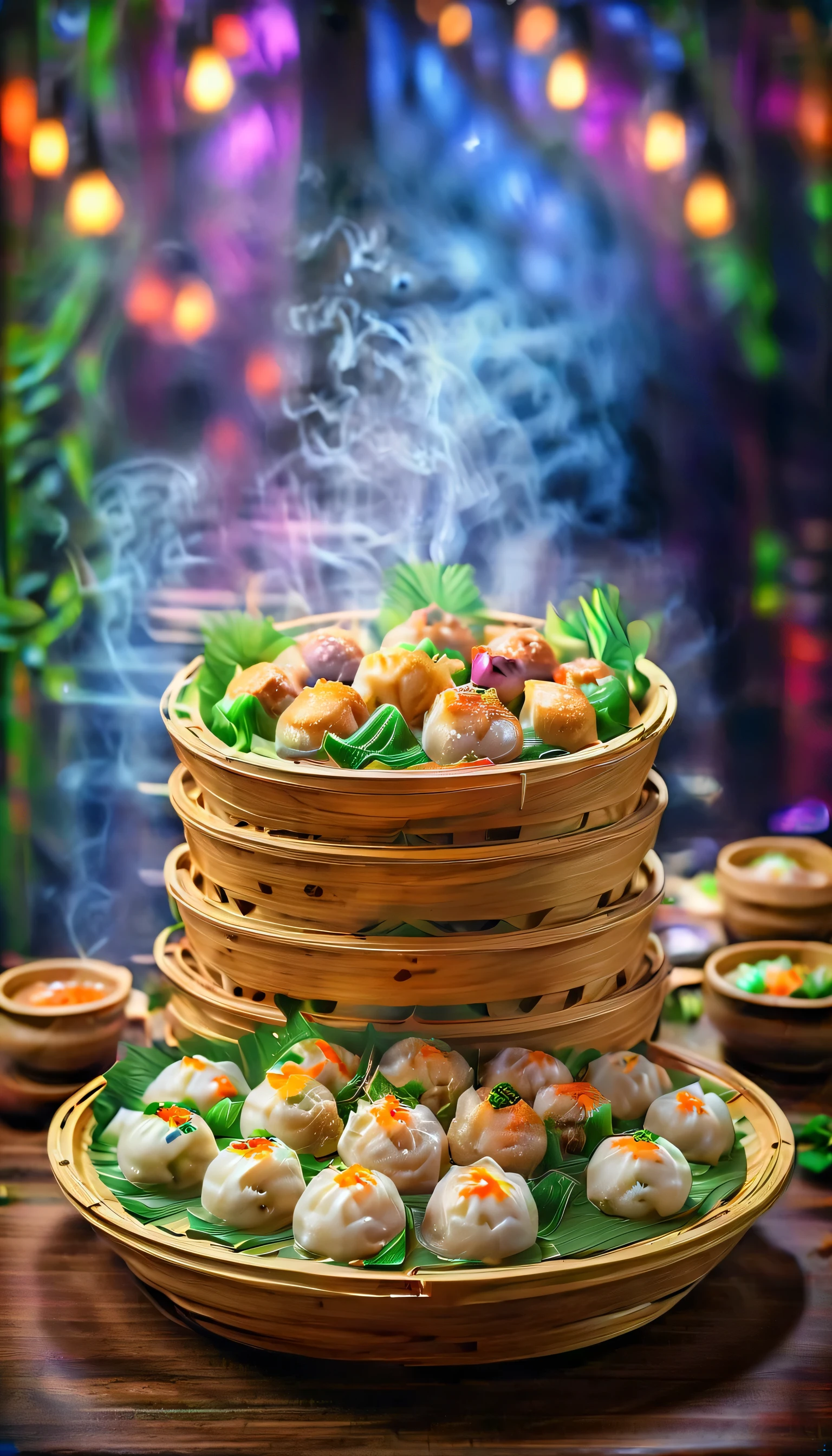 An elegant presentation of dim sum featuring an assortment of bite-sized dumplings, steamed buns, and spring rolls served in bamboo steamers. Each piece is carefully crafted with vibrant colors and intricate details, accompanied by small dipping sauces on a beautifully decorated table.