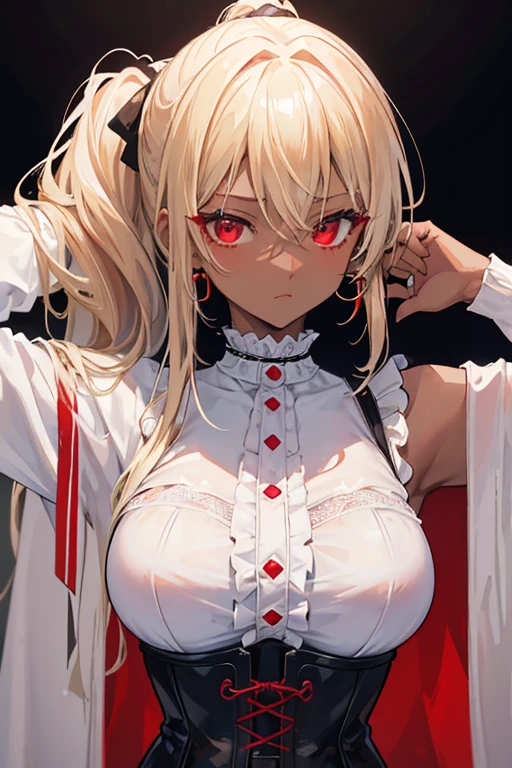 (masterpiece:1.2、highest quality、Tmasterpiece)、1 female、alone、classroom、Day、stand、blonde、ponytail、Red Eye IS:1.4)、(Dark Skin:1.4)、Big Breasts、(Place your hands behind your head:1.2)、corset、Hoop Earrings、lipstick、I'm sweating a lot、Ring Choker、Scrunchie、blush、Covered breasts、Bangs braids、(Thick lips:1.2)、Armpit hair